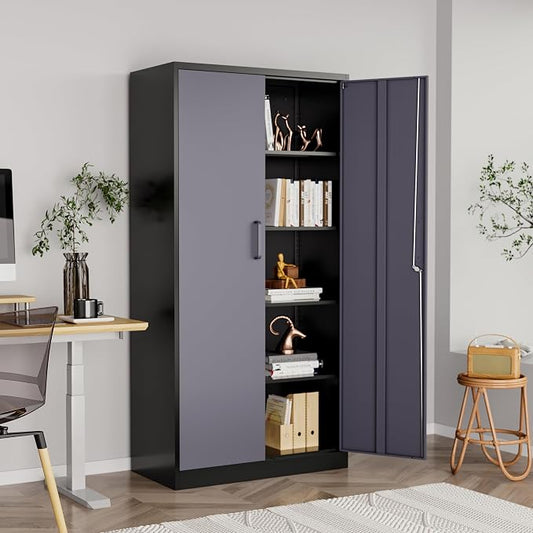Metal Storage Cabinet with Lock,71" Garage Cabinets with 2 Doors and 4 Adjustable Shelves, Steel Locking Caninets Tall Tool Storage Caninet, Lockable File Cabnet for Home Office, Pantry