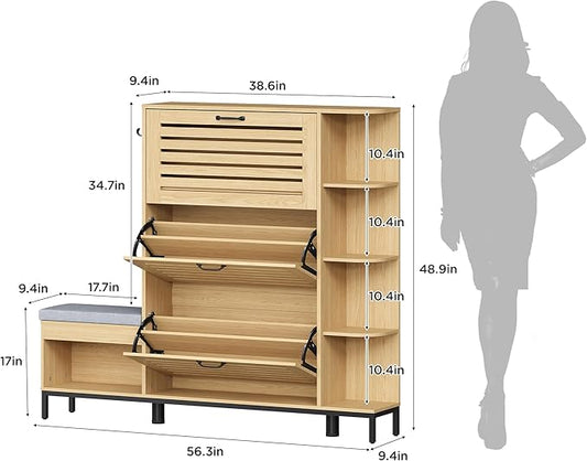 Maupvit Narrow Shoe Cabinet with Bench for Entryway, 3 Flip Louvered Doors & Side Storage Cabinet, 44" H Shoes Organizer with Upholstered Seat & Hooks for Front Door Entrance, Natural Oak