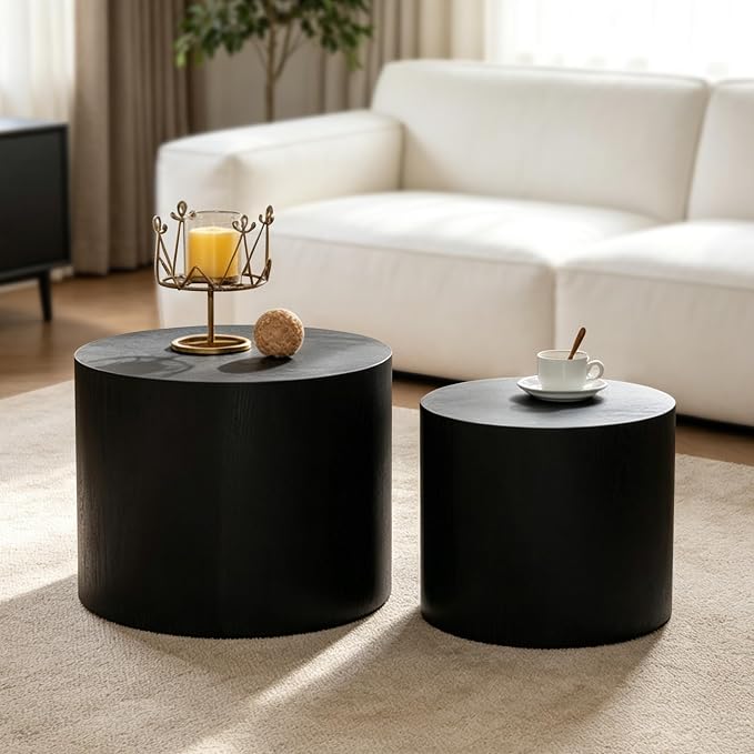 Nesting Round Coffee Table Set of 2, Circle Accent End Table for Small Spaces, Morden Drum Side Table, Wooden Center Table for Living Room, Fully Assembled - Black