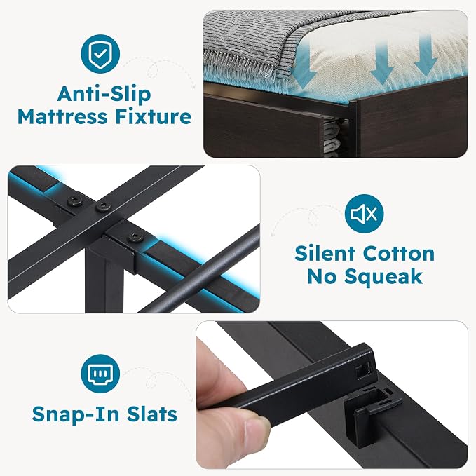 Kiivakii Full Size Bed Frame with 4 Storage Drawers, LED Platform Bed with Headboard, Built in Charging Station, Noise-Free, Metal Support Base, No Box Spring Needed, Black