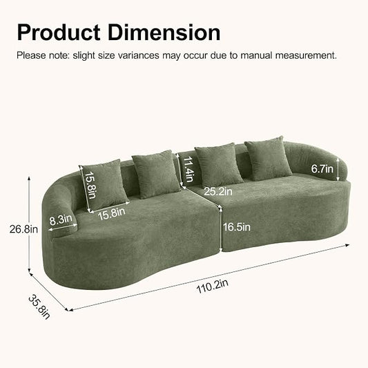 110.2" Curved Boneless Couch, Oversized Cloud Sofa with 4 Pillows, Modern 4 Seater Modular Sectional Sofa, Boneless Sectional Couches for Living Room, Curved Foam Couch, Green
