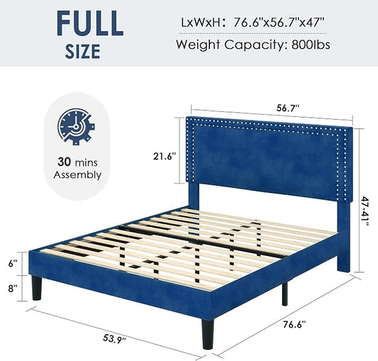 VECELO Full Size Platform Bed Frame with Height Adjustable Upholstered Headboard, Modern Mattress Foundation,Strong Wood Slat Support, No Box Spring Needed, Easy Assembly,Dark Blue