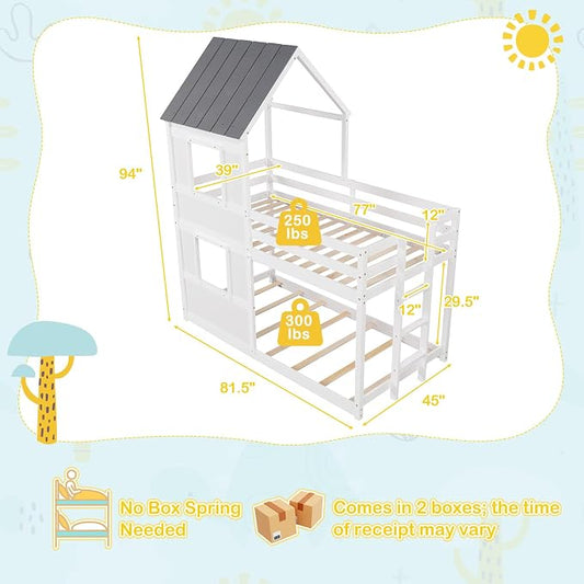 Giantex House Bunk Bed Twin Over Twin, Solid Wood Floor Bunk Bed with Built in Ladder, Window & Safety Guardrail, Wooden Kids Low Bunk Beds for Teens Boys & Girls, No Box Spring Needed, White