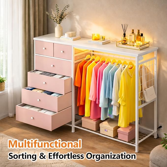 Simple Deluxe Storage Clothes Rack with 6 Drawers, Charging Station & LED Lights, Fabric Chest Shelves Clothing Rack, Wooden Portable Wardrobe Closet, 49.2" W x 15.7" D x 47.2" H, PINK