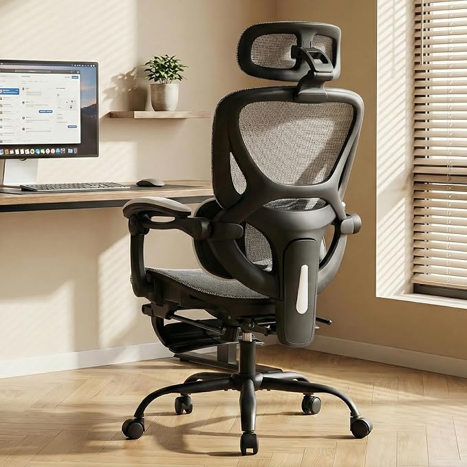 MALOL Ergonomic Mesh Office Chair with Footrest, Executive High Back Computer Desk Chair with 3D Adjustable Headrest & 5-Level Lumbar Support, Reclining Tilt Lock, 3D Arms, 300LBS Capacity, White