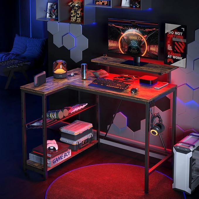 Bestier Gaming Desk with Power Outlets, 42" L-Shaped Gaming Desk with LED Lights, Desk with Reversible Storage Shelves & Hooks for Small Spaces, Bedrooms & Offices,Rustic Brown