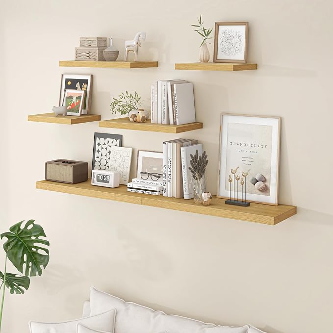 Fun Memories Floating Shelves - 2 Pack 12 Inch Rustic Wooden Wall Shelves - Extra Deeper & Thicker Wall Mounted Storage Shelf for Living Room, Kitchen, Farmhouse - 16" W x 12" D x 1.5" H - Oak