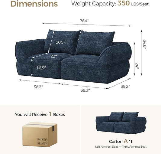 76.4" Cloud Loveseat Sofa, Deep Seat Couch with Pillows, Modern Comfortable Upholstery Boneless Sofa, 1 piece for Living Room, Bedroom, Apartment, Removable Cover,No Assembly Required, Aqua Blue