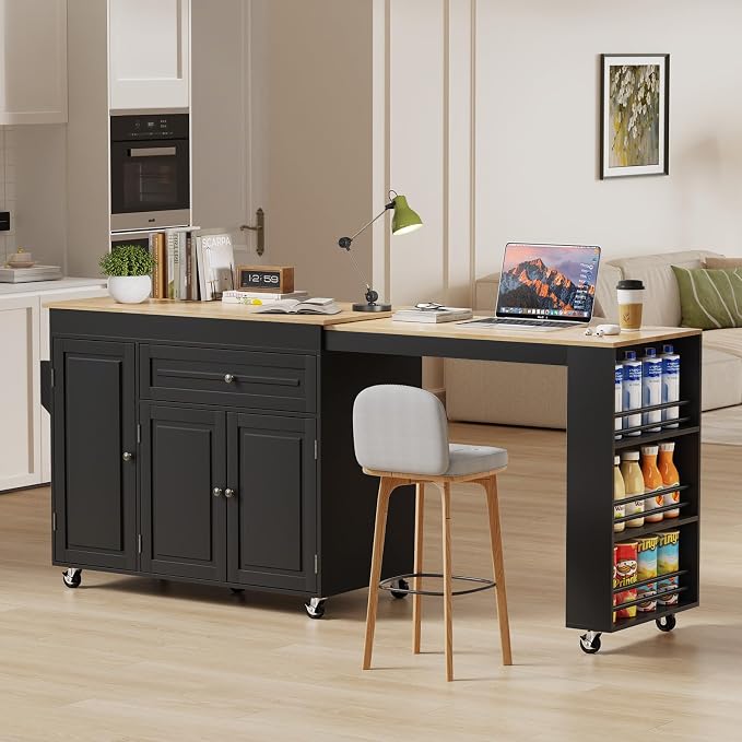 Expandable Kitchen Island with Storage Drawer and Wheels, Black | Rubberwood top expands 48.4"-82.6". Spacious drawer, 2 cabinets, 2 shelves, spice rack & towel bar. Lockable casters.
