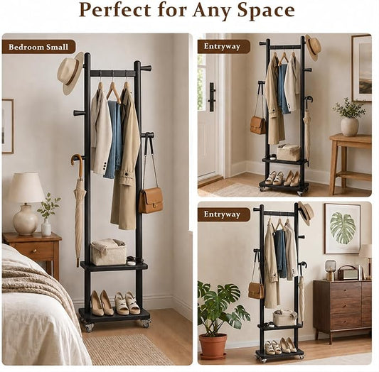 Solid Wood Coat Rack Freestanding Clothing Rack with Wheels & 2 Shelves Storage & 5 Hooks Heavy Duty Clothes Rack Wood Coat Tree Stand Hat Hanger Rack for Corner Bedroom Entryway Living Room Hotel