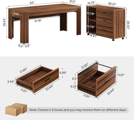 Tribesigns 63" L Shaped Desk with File Cabinet, Large Executive Office Desk with Rolling Filing Cabinet, Long Computer Table with Drawers, Business Furniture Set for Home Office, Light Walnut
