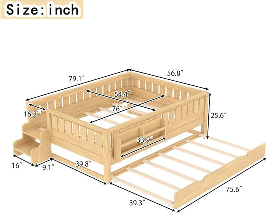 Bellemave Full Kids Montessori Bed with Stairs, Bookshelf and Trundle, Solid Wood Kids Bed Frame with Storage for Boys Girls, Low Profile,Light Natural