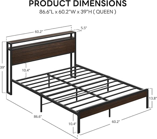 LIKIMIO Queen Bed Frame with Headboard, Dark Wood Camas Queen with Strong Supports, Sturdy, Noise-Free, No Box Spring Needed, Dark Brown