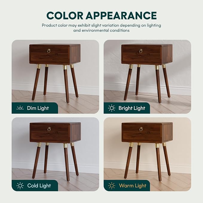 Bme Alden Solid Wood Nightstand/Side Table/End Table, Fully Assembled, with 1-Drawer for Mid Century Bedroom and Living Room, (12mm), Dark Chocolate