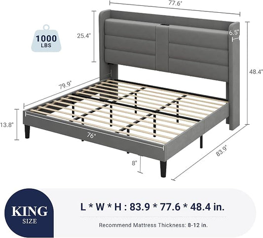 Allewie King Size Platform Bed Frame with Charging Station & Storage Headboard, Upholstered Velvet Wingback Design & USB Port, Strong Wooden Slats Support, No Box Spring Needed, Easy Assembly, Grey