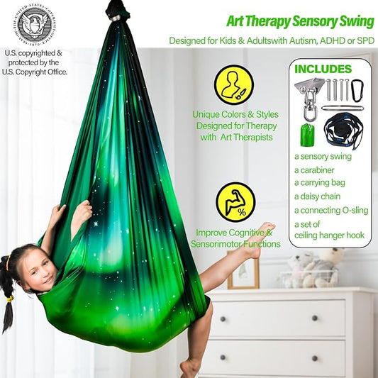 Sensory Swing for Kids & Adults Holds up to 300lbs Indoor & Outdoor Double Layer Therapy Cuddle Swing with 360° Swivel Hanger Kit for Calming, Effect for Autism, ADHD or SPD. (Aurora Green)