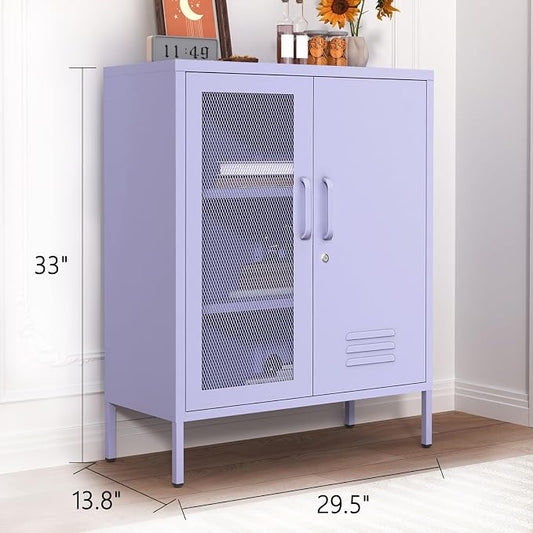 33" Tall Purple Metal Locker Storage Cabinet with Lock Left Glass Door and Right Metal Door 2 Adjustable Shelves Steel Storage Organizer for Foyer Living Room Size:33" H X 29.5" W X 13.8" D