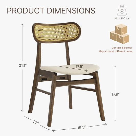 KISLOT Rattan Dining Chairs Set of 6, Upholstered Modern Dining Room Chairs, Mid Century Oak Wood Kitchen Chairs with Rattan Backrest for Farmhouse, Restaurant, Café (Cream Fabric & Walnut Color)