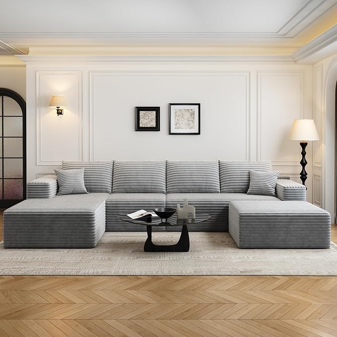135.4" Cloud Modular Sectional Sofa with 1 Ottoman,Modern Minimalist Upholstered Couches, Comfort U Shaped Sofa for Living Room,Deep Seat Corner Couch,No Assembly Required (Grey,Left Facing Chaise)