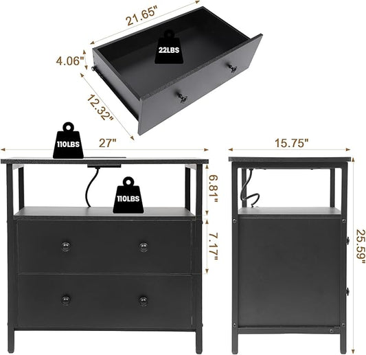 Edbuosy 27 inch Wide Nightstand Set 2 with Charging Station, Bedside Table with Open Shelf, 2 Drawers Small Wood Dresser, Modern Wood Nightstand for Bedroom/Living Room, Black
