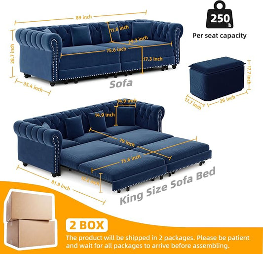 89'' Pull Out Sofa Bed King, Chesterfield Velvet Sleeper Sofa, Convertible L-Shaped Futon Couch, Tufted Back, 4 Pillows, Ottoman, Deep Seat Loveseat Couches for Living Room, Apartment, Blue