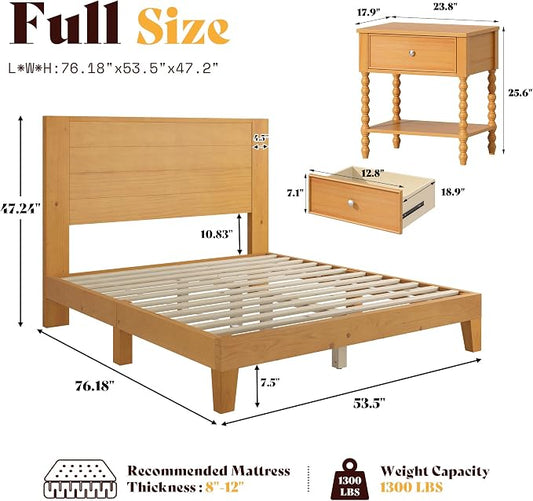 AMERLIFE 3 Piece Full Bedroom Set, Solid Wood Platform Bed Frame & Nightstand Set of 2, Mid Century Modern Wooden Bedroom Furniture Set, No Box Spring, Noise-Free, Natural