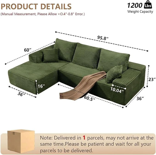 Sectional Couches for Living Room Cloud Couch Sofa with L-Shape Couch in a Box Upholstered Boneless Couchs Modern Modular Sectional Couch with Chaise (Green,B-3 Seater-Left-Facing Chaise-96 inch)