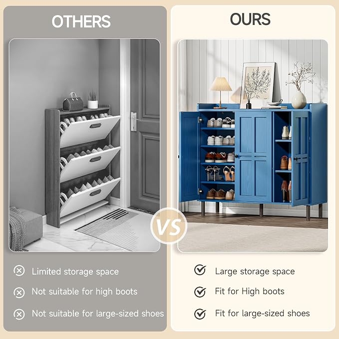 ONBRILL Shoe Cabinet with 3 Doors and Adjustable Shelves, 30 Pairs Shoe Storage Cabinet, 40 Inch Tall Farmhouse Shoe Rack Shoe Organizer Cabinet for Entryway Living Room Closet, Blue