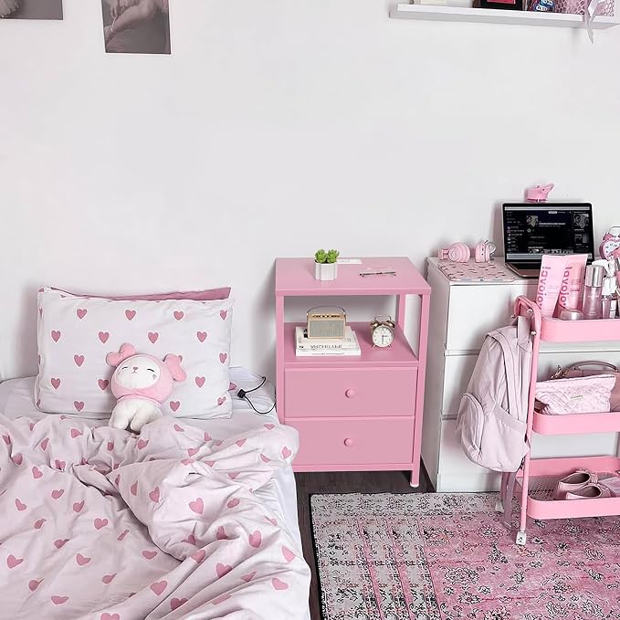 BOLUO Pink Nightstand with Charging Station, LED Night Stand with 2 Fabric Drawers, Bedside Table with USB Ports and Outlets, Nightstand for Bedroom Modern