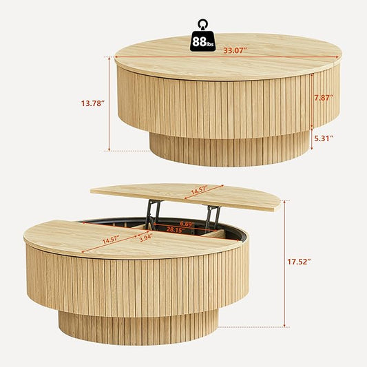 33" Round Coffee Table with Lift-Top & Flip-Top Storage, Modern Accent Fluted Coffee Tables with Metal Frame, Wooden Circle Center Table for Living Room Small Space Apartment Office (Natural)