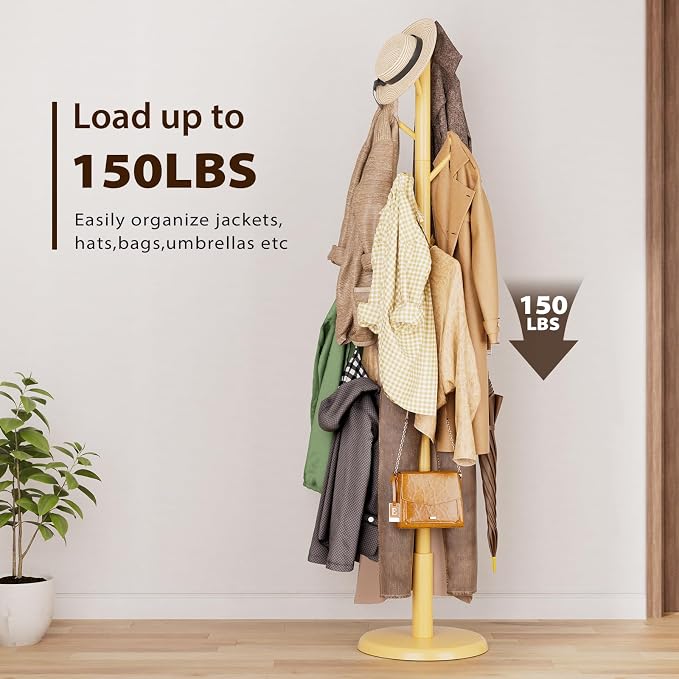 Taitiy Solid Wood Coat Rack Freestanding Coat Tree with 10 Hooks for Bedroom, Livingroom, Entryway, Sturdy Coat Hanger Stand for Hats, Coats, Scarves, Handbags, Purses