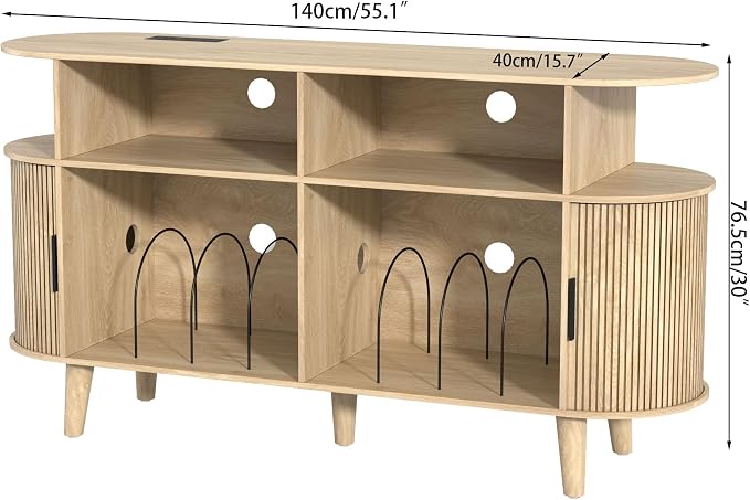 LUVIOHOME Large Round Record Player Stand with Charging Station & USB Ports,Record Storage Cabinet, Mid Century Modern Turntable Stand for Bedroom Living Room (Oak)