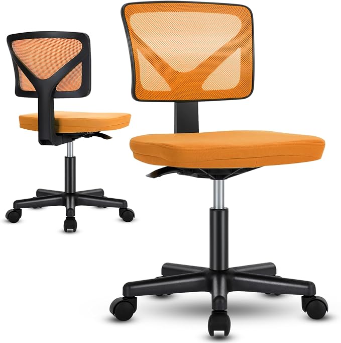 Sweetcrispy Ergonomic Low-Back Mesh Small Office Chair, Rolling Work Swivel Chairs with Wheels, Armless Comfortable Seat Lumbar Support for Home, Bedroom, Study, Student, Adults, Orange