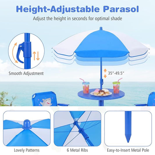 Costzon Kids Picnic Table, Kids Outdoor Table with 2 Folding Chairs, Height Adjustable Umbrella, Portable Children Outdoor Furniture for Patio, Garden, Backyard (Blue Ocean)