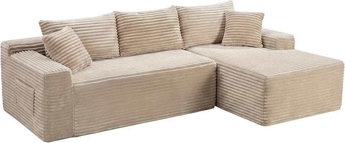 105-Inch L-Shaped Right Facing Corner Compressed Sofa Modular Sectional Boneless Cloud Sofa Floor Foam Couch with Chaise Lounge, Corduroy Corner Boneless Cloud Couch