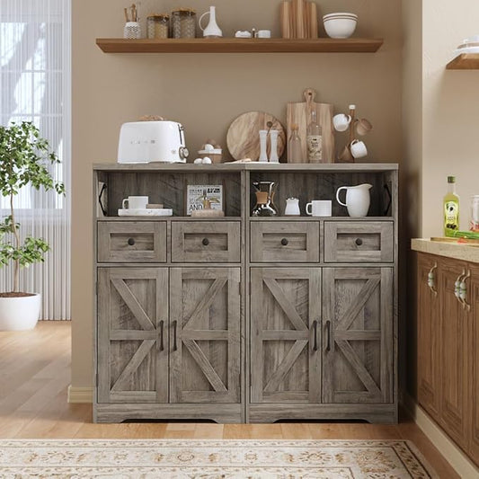 Befrases Set of 2 Farmhouse Storage Cabinet with Drawers and Shelf, Freestanding Kitchen Pantry Storage Cabinet, Floor Hutch Cupboard for Kitchen, Living Room, Home Office, Rustic Grey