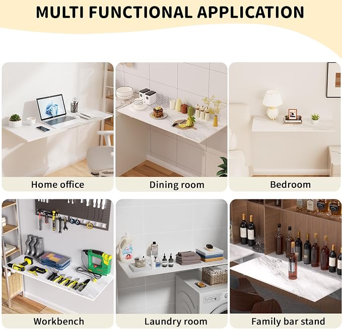 GOYLSER Wall Mounted Folding Table for Office, White Marble Fold Down Desk Laundry Folding Table Wall Mounted for Laundry Room/Home Kitchen, Length 47" Width 20.5"