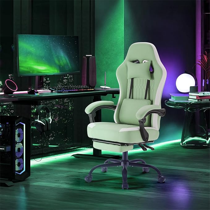 DUMOS Gaming Chair with Linkage Armrests, Video Game Chairs with Pocket Spring Cushion, Ergonomic Computer Silla Gamer Office Desk Chair with Footrest for Adults & Students, Mint Green