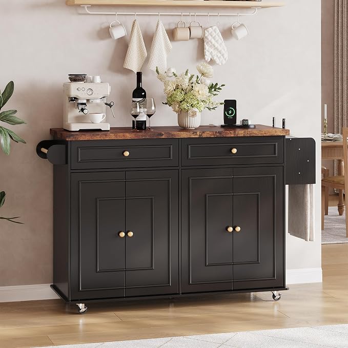58 Inch Kitchen Island with Storage Cabinet, Island Table for Kitchen, Rolling Islands Cart with Power Outlet, Adjustable Shelves, Drawers, Spice and Towel & Knife Racks, Black