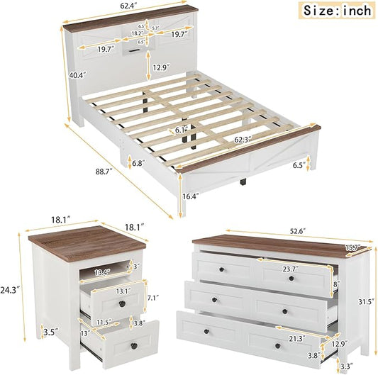 Farmhouse 3-Pieces Bedroom Sets, Queen Size Wood Platform Bed with Nightstand and Dressing Table, Queen Beds Frame with Double Sliding Door Headboard and Charging Station (White, Queen)