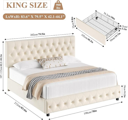 Keyluv King Size Upholstered Platform Bed Frame with 4 Storage Drawers, Modern Beige Velvet Bed with Adjustable Button Tufted Headboard, Solid Wooden Slat Support, Easy Assembly