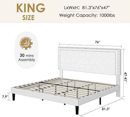 VECELO King Bed Frame with Rivet-Tufted Headboard & Footboard, Upholstered Platform Bed with Wood Slats Support, No Box Spring Needed, Noise-Free, Easy Assembly, White