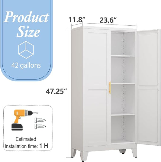 White Metal Storage Cabinet, 48" Steel Cabinets for Home Office | Kitchen Pantry Storage Cabinet with Doors and 3 Adjustable Shelves, for Office, Home, Garage, School