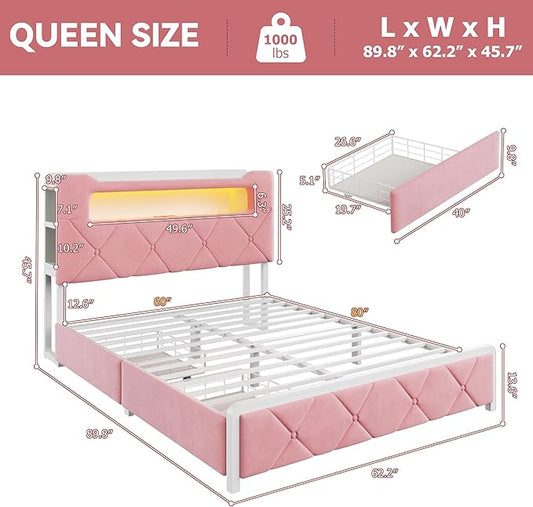 Queen Upholstered LED Bed Frame with 2 Storage Drawers and 2-Tier Storage Headboard,Velvet Princess Platform Bed with Charging Station & Bookcase, Corner Bed Frame, Heavy Duty Metal Support, Pink