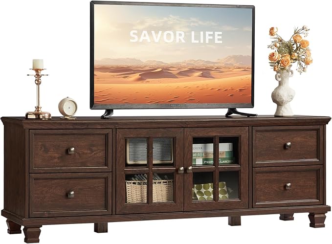 SAVOR LIFE Farmhouse TV Stands for Living Room, Brown Entertainment Center with Storage, Wood TV Console with 4 Drawers, Rustic TV Cabinet for 65 inch TV, Walnut