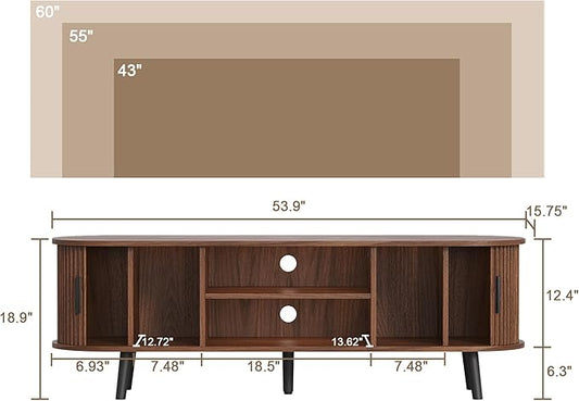 ChooChoo Mid Century Modern TV Stand for TVs up to 60 Inch, Entertainment Center with Fluted Sliding Doors and Hidden Storage, TV Console with Adjustable Shelf for Living Room, Bedroom, Walnut