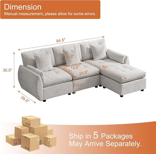 84" L Shaped Modular Sectional Cloud Sofa with Ottoman, Deep Seat Tufted Chenille 4-Seater Couch with Curved Arms, Light Grey