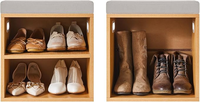 YMYNY Shoe Storage Bench with Cushion, 2 Tier Shoe Rack with Padded Seat, Adjustable Shoe Organizer Cabinet for Entryway, Living Room, Hallway, Closet, Bedroom, 15.4L*11W*16.54H, Natural, UHBD028N