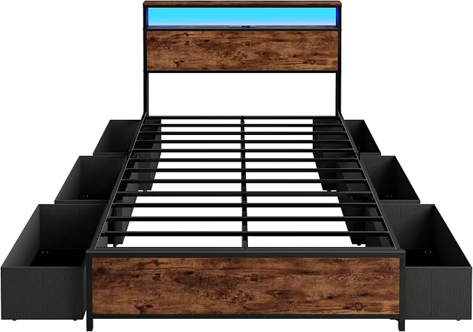 Forestell Full Size Bed Frame with Storage Headboard & 6 Drawers,Sturdy Platform Bed Frame Full with Charging Station,LED Lights,2-Tier Wood Shelf Industrial Bedframe-Noise Free/No Box Spring Needed