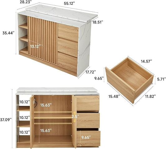ONBRILL 55" Kitchen Island with Storage, Island Table with Sliding Extendable Countertop, Kitchen Island with Power Outlet for Kitchen, Dining Room, Living Room, White